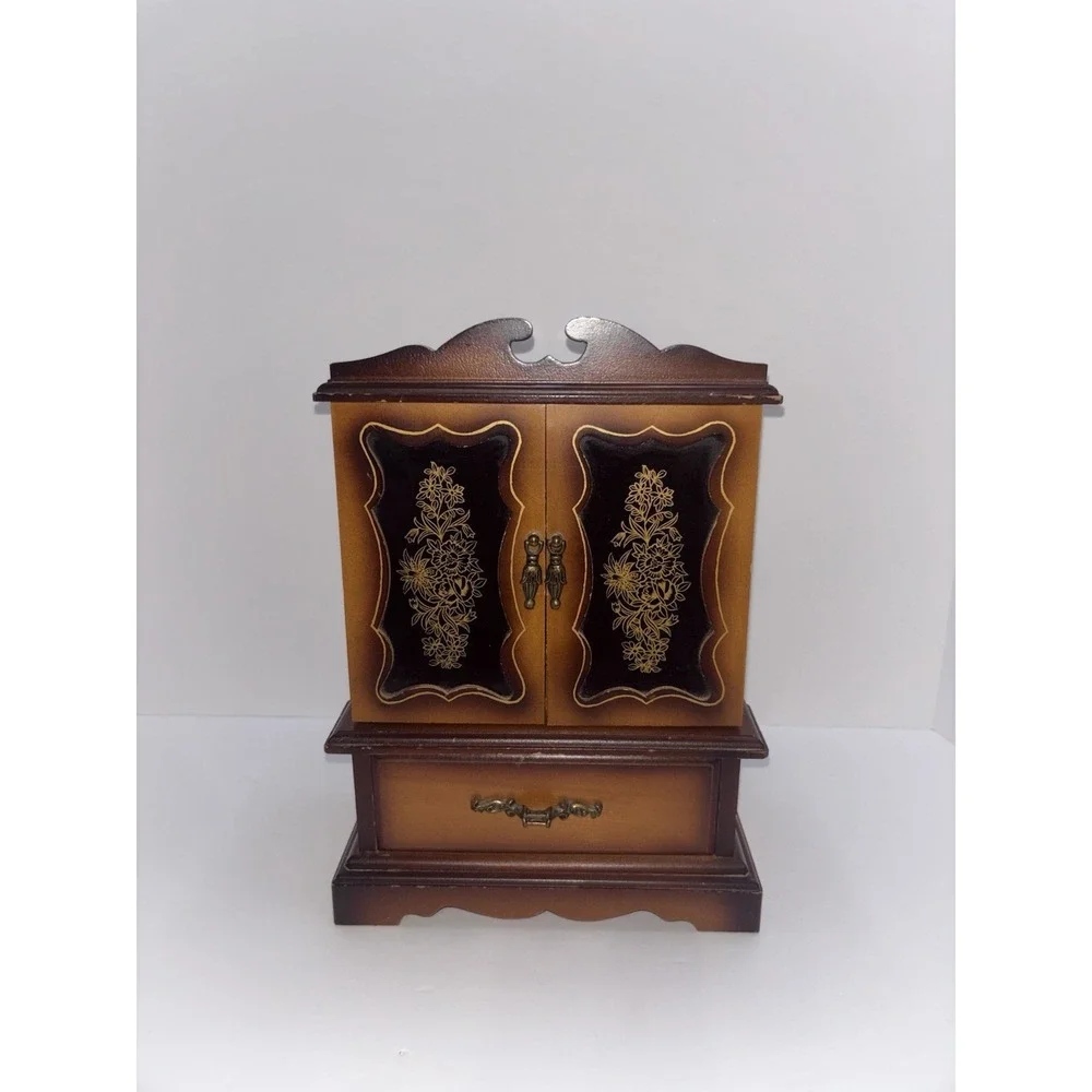 Vintage Wooden Jewelry Box Armoire Made in Japan 4 Velvet Lined Drawers